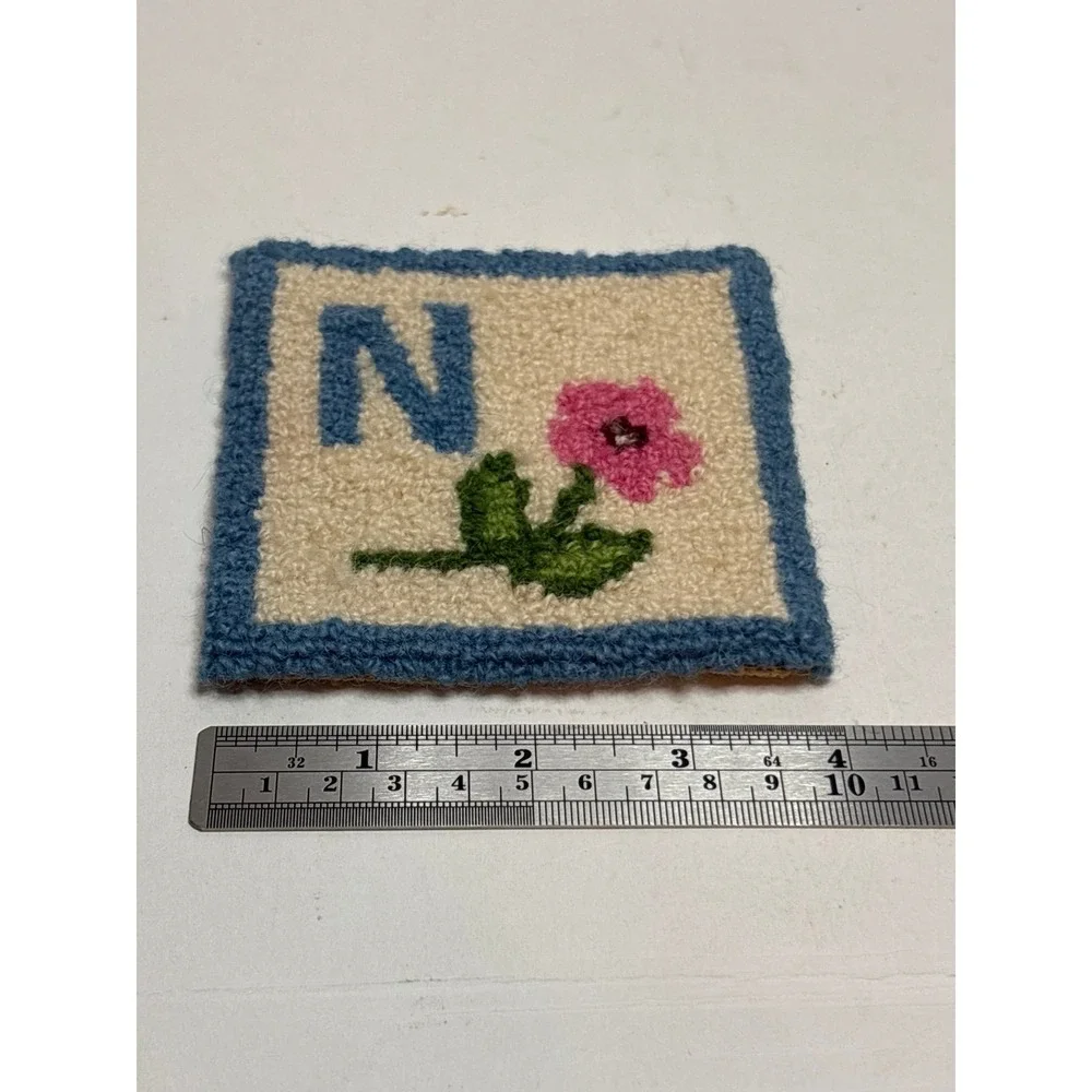 Flora's Cheticamp NS Hooked Rug Wool Mat Letter N Floral Blue Vintage 4